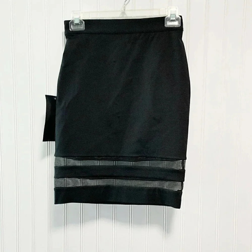 Bebe Size 0 Black Bandage Pencil Skirt Mesh Stripe Detail Bodycon Career